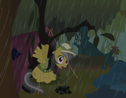 Size: 10000x7800 | Tagged: safe, artist:csillaghullo, daring do, pegasus, pony, absurd resolution, camp, campfire, everfree, everfree forest, forest, hat, jungle, rain, smoke, solo, storm, tent, vector