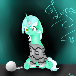 Size: 1024x1024 | Tagged: safe, artist:tanee13, derpibooru import, lyra heartstrings, ball and chain, clothes, horn ring, magic suppression, prison outfit, prison stripes, prisoner, sad, shackles, solo