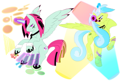 Size: 1024x690 | Tagged: safe, artist:skythemoonwarrior, derpibooru import, lyrica lilac, oc, oc only, alicorn, pony, alicorn oc, good vibe, magic, twins