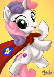 Size: 955x1351 | Tagged: safe, artist:mysticalpha, sweetie belle, backwards cutie mark, cape, clothes, cmc cape, cutie mark, solo, the cmc's cutie marks