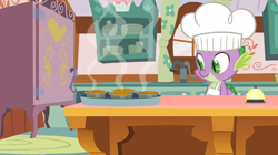 Size: 1054x592 | Tagged: safe, derpibooru import, screencap, spike, dragon, a bird in the hoof, chef's hat, hat, solo