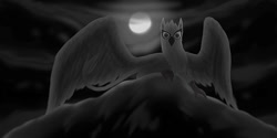 Size: 1000x500 | Tagged: safe, artist:carnelian, oc, oc only, griffon, black and white, dark, grayscale, male, moon, solo, stare