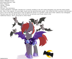 Size: 782x638 | Tagged: safe, derpibooru import, oc, oc only, oc:midnight swarm, bat, bat pony, pony, bio, donut steel, female, heterochromia, lesbian, recolor, text