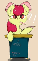 Size: 800x1280 | Tagged: safe, artist:macheteponies, apple bloom, class, confused, desk, looking at you, mouth hold, pencil, solo