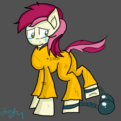 Size: 1000x1000 | Tagged: safe, artist:lightningflash123, derpibooru import, roseluck, ball and chain, clothes, prison outfit, sad, solo