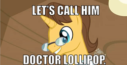 Size: 894x456 | Tagged: safe, derpibooru import, edit, edited screencap, screencap, doctor horse, doctor stable, pony, unicorn, read it and weep, cartoon hangover, doctor, doctor lollipop, hub logo, image macro, solo