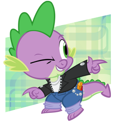 Size: 1000x1000 | Tagged: safe, artist:pixelkitties, spike, dragon, 1950s, 50's fashion, clothes, gem, jacket, simple background, solo, transparent background