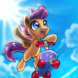 Size: 1600x1600 | Tagged: safe, artist:kp-shadowsquirrel, scootaloo, action pose, armpits, cloud, cloudy, crepuscular rays, happy, low angle, riding, scooter, sky, smiling, solo