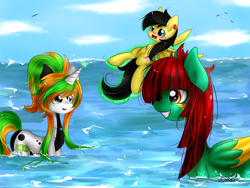 Size: 3000x2250 | Tagged: safe, artist:mrsremi, derpibooru import, oc, oc only, pegasus, pony, unicorn, blushing, heart, ocean