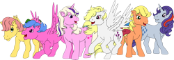 Size: 8649x3000 | Tagged: safe, artist:theshadowstone, applejack (g1), firefly, posey, sparkler (g1), surprise, twilight, g1, bow, g1 six, tail bow