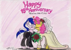 Size: 1990x1404 | Tagged: safe, artist:newyorkx3, oc, oc only, oc:karen, oc:mikey, anniversary, clothes, dress, heart, kakey, married couple, traditional art, wedding dress