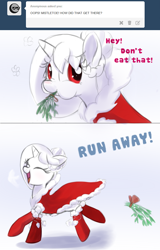 Size: 728x1137 | Tagged: safe, artist:celerypony, derpibooru import, oc, oc only, oc:celery, pony, unicorn, cape, christmas, clothes, comic, cute, eating, eyes closed, floppy ears, happy, mistletoe, open mouth, running, smiling, snow, socks, this will end in death, tumblr