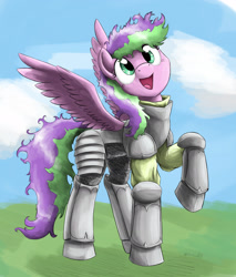 Size: 2032x2383 | Tagged: safe, artist:otakuap, derpibooru import, oc, oc only, armor, cute, messy mane, open mouth, raised hoof, smiling, solo, spread wings