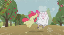 Size: 864x478 | Tagged: safe, derpibooru import, screencap, apple bloom, sheep, sisterhooves social, hub logo, speed lines