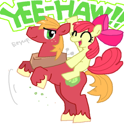 Size: 600x600 | Tagged: safe, artist:u1041, derpibooru import, apple bloom, big macintosh, earth pony, pony, male, pixiv, ponies riding ponies, rearing, riding, stallion