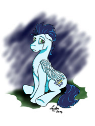 Size: 768x1024 | Tagged: safe, artist:lardon-draconis, soarin', crying, sitting, solo