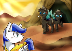 Size: 1131x800 | Tagged: safe, artist:vavacung, changeling, pegasus, pony, comic:caught between lust and love, angry, blushing, cave, desert, looking back, male, royal guard, sad