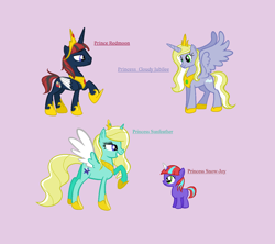 Size: 900x800 | Tagged: safe, artist:rain-approves, derpibooru import, oc, oc only, oc:prince redmoon, oc:princess cloudy jubilee, oc:princess snow-joy, oc:princess sunfeather, alicorn, pony, alicorn oc, offspring