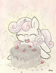 Size: 658x863 | Tagged: safe, artist:slightlyshade, derpibooru import, sweetie belle, cake, solo, traditional art