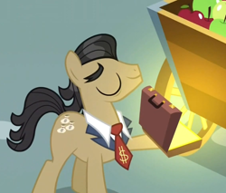 Size: 978x832 | Tagged: safe, screencap, filthy rich, earth pony, pony, testing testing 1-2-3, apple, cart, eyes closed, food, glow, hoof hold, male, pulp fiction, smiling, solo, stallion, suitcase