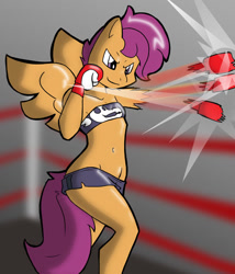 Size: 550x642 | Tagged: safe, artist:theburningdonut, scootaloo, anthro, pegasus, bandeau, boxing, breasts, clothes, delicious flat chest, female, mare, midriff, older, older scootaloo, shorts, small breasts, solo, sports shorts