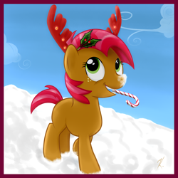 Size: 900x900 | Tagged: safe, artist:everypone, derpibooru import, babs seed, reindeer, antlers, candy cane, holly, solo