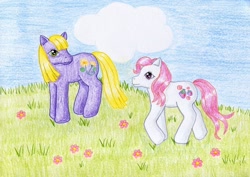 Size: 1024x723 | Tagged: safe, artist:normaleeinsane, derpibooru import, daisyjo, strawberry swirl, g3, traditional art