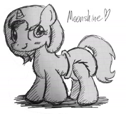 Size: 1982x1794 | Tagged: safe, artist:killahurtz12, derpibooru import, oc, oc only, oc:filly moonshine, pony, baby, baby pony, diaper, monochrome, poofy diaper, solo