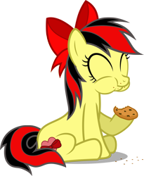 Size: 3328x4066 | Tagged: safe, artist:austiniousi, derpibooru import, oc, oc only, oc:scarlet ribbon, earth pony, pony, bow, cookie, eating, messy eating, simple background, solo, transparent background, vector