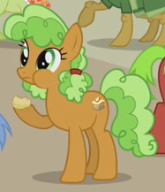 Size: 187x217 | Tagged: safe, derpibooru import, screencap, apple brown betty, apple cinnamon, apple strudel, granny smith, earth pony, pony, apple family reunion, apple family member, background pony, cropped, eating, female, mare, puffy cheeks, solo, solo focus