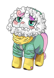 Size: 448x640 | Tagged: safe, artist:idrawweeklypony, derpibooru import, sweetie belle, boots, clothes, coat, cute, grumpy belle, jacket, scarf, solo, winter outfit