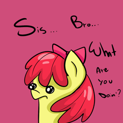 Size: 1000x1000 | Tagged: safe, derpibooru import, apple bloom, ask-winged-shine, cute, frown, implied incest, simple background, solo, stare