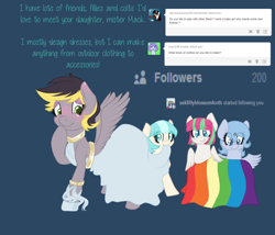 Size: 1280x1097 | Tagged: safe, artist:askfillycoco, derpibooru import, blossomforth, coco pommel, oc, oc:aero, oc:bubblepop, pegasus, pony, ask, ballet slippers, blue background, blushing, bracelet, clothes, colt, crossdressing, dress, grin, makeup, male, offspring, parent:derpy hooves, parent:oc:warden, parents:canon x oc, parents:warderp, simple background, smiling, spread wings, tumblr, younger