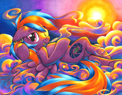 Size: 600x468 | Tagged: safe, artist:muffyn-man, oc, oc only, pegasus, pony, blunt, cloud, drugs, ear piercing, joint, marijuana, on a cloud, piercing, smoking, solo, sunset, traditional art