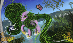 Size: 3600x2160 | Tagged: safe, artist:auroriia, derpibooru import, mane-iac, butterfly, power ponies (episode), electro orb, rain, solo