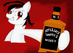 Size: 1024x744 | Tagged: safe, artist:vittorionobile, derpibooru import, oc, oc only, oc:blackjack, pony, unicorn, fallout equestria, fallout equestria: project horizons, alcohol, applejack daniel's, bottle, fanfic, fanfic art, female, hooves, horn, mare, smiling, solo, teeth, text, whiskey