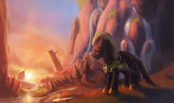 Size: 1280x761 | Tagged: safe, artist:raikoh, derpibooru import, oc, oc only, canterlot, disaster, royal guard, scenery, solo, sunset