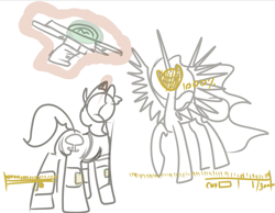 Size: 673x521 | Tagged: safe, artist:inlucidreverie, derpibooru import, oc, oc only, alicorn, pony, unicorn, fallout equestria, clothes, gun, magic, sketch, telekinesis, weapon