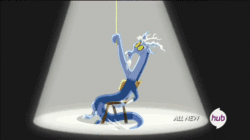 Size: 692x388 | Tagged: safe, discord, three's a crowd, animated, blue flu, chair, flashdance, flood, reference, sitting, water