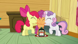 Size: 500x281 | Tagged: safe, apple bloom, scootaloo, sweetie belle, alcohol, cutie mark crusaders, jaegermeister