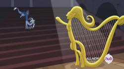 Size: 844x474 | Tagged: safe, screencap, discord, three's a crowd, blue flu, harp, louise the singing harp, musical instrument