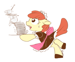 Size: 555x464 | Tagged: safe, artist:sion, derpibooru import, apple bloom, pony, balancing, bipedal, clothes, maid, plate, plates, solo, teacup