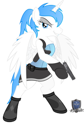 Size: 4340x6356 | Tagged: safe, artist:abydos91, oc, oc only, alicorn, pony, absurd resolution, alicorn oc, bipedal, clothes, commission, female, gun, handgun, hooves, horn, m1911, mare, parody, pistol, resident evil, simple background, solo, spread wings, teeth, transparent background, valentine, weapon, wings