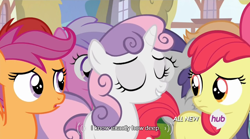 Size: 640x355 | Tagged: safe, screencap, apple bloom, peach fuzz, scootaloo, sweetie belle, tornado bolt, train tracks (character), twilight time, cutie mark crusaders, meme, youtube caption