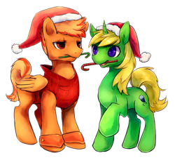Size: 500x455 | Tagged: safe, artist:crystal-chima, derpibooru import, oc, oc only, pegasus, pony, unicorn, candy, candy cane, christmas, clothes, curved horn, duo, female, food, hat, holiday, horn, jacket, male, mare, mouth hold, raised hoof, santa hat, simple background, smiling, stallion, standing, transparent background, unamused