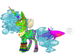 Size: 1400x1000 | Tagged: safe, artist:pixelatedv, derpibooru import, oc, oc only, alicorn, pony, shark, alicorn oc, donut steel, haters gonna hate, joke oc, leg warmers, meme, psychedelic, queen aquabutt rainbowcoat eyesoring neon the hundrenth, solo