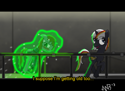 Size: 900x654 | Tagged: safe, artist:stormbadger, derpibooru import, oc, oc only, oc:littlepip, oc:velvet remedy, pony, unicorn, fallout equestria, blushing, clothes, dialogue, fake screencap, fanfic, fanfic art, female, glowing horn, horn, levitation, magic, mare, pipbuck, self-levitation, subtitles, telekinesis, vault suit