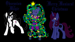 Size: 1024x576 | Tagged: safe, artist:thelordofdust, derpibooru import, mane-iac, oc, oc:maneia, oc:nocturna, banner, christmas, christmas tree, hearth's warming, obsession is magic, power ponies oc