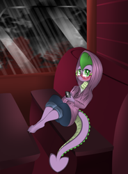 Size: 2385x3236 | Tagged: safe, artist:v-d-k, derpibooru import, spike, dragon, blushing, cellphone, clothes, earbuds, glasses, hoodie, sitting, solo