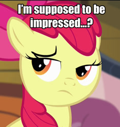 Size: 967x1024 | Tagged: safe, derpibooru import, apple bloom, image macro, skeptical applebloom, solo